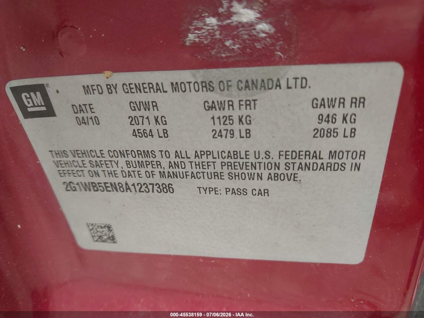 2010 Chevrolet Impala Lt VIN: 2G1WB5EN8A1237386 Lot: 45538159