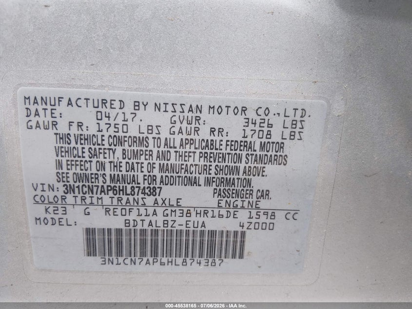 2017 Nissan Versa 1.6 Sv VIN: 3N1CN7AP6HL874387 Lot: 45538165