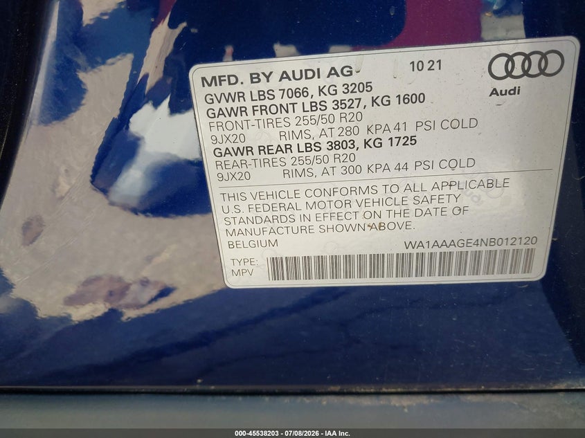 2022 Audi E-Tron Premium Quattro VIN: WA1AAAGE4NB012120 Lot: 45538203