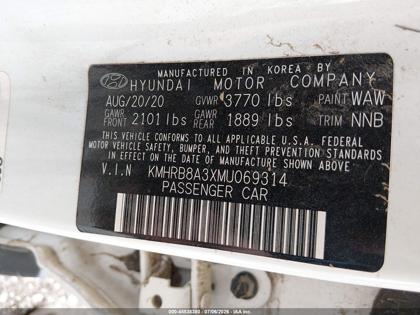 2021 Hyundai Venue Se VIN: KMHRB8A3XMU069314 Lot: 45538380