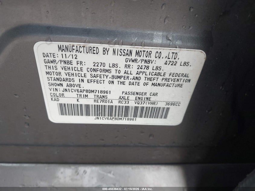 2013 Infiniti G37 Journey VIN: JN1CV6AP8DM718961 Lot: 45538432