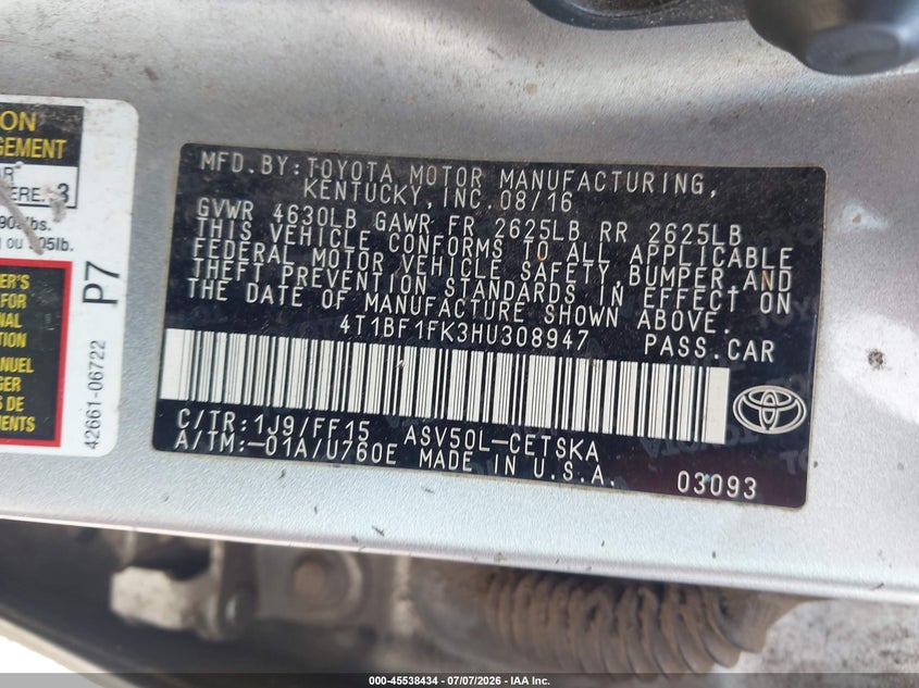 TOYOTA CAMRY 2017 VIN 4T1BF1FK3HU308947