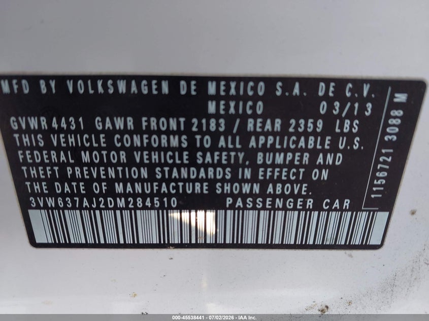2013 Volkswagen Jetta Hybrid Sel Premium VIN: 3VW637AJ2DM284510 Lot: 45538441