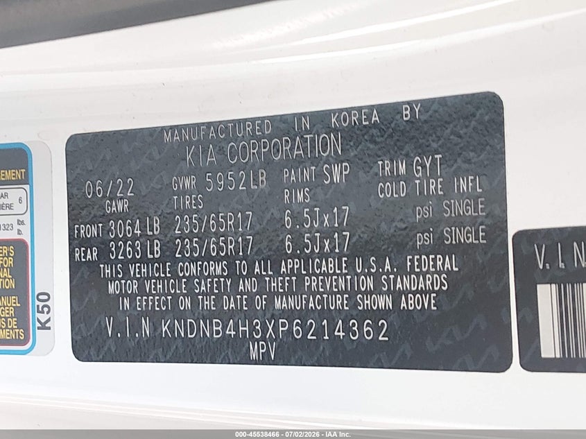 2023 Kia Carnival Mpv Lx Seat Package VIN: KNDNB4H3XP6214362 Lot: 45538466