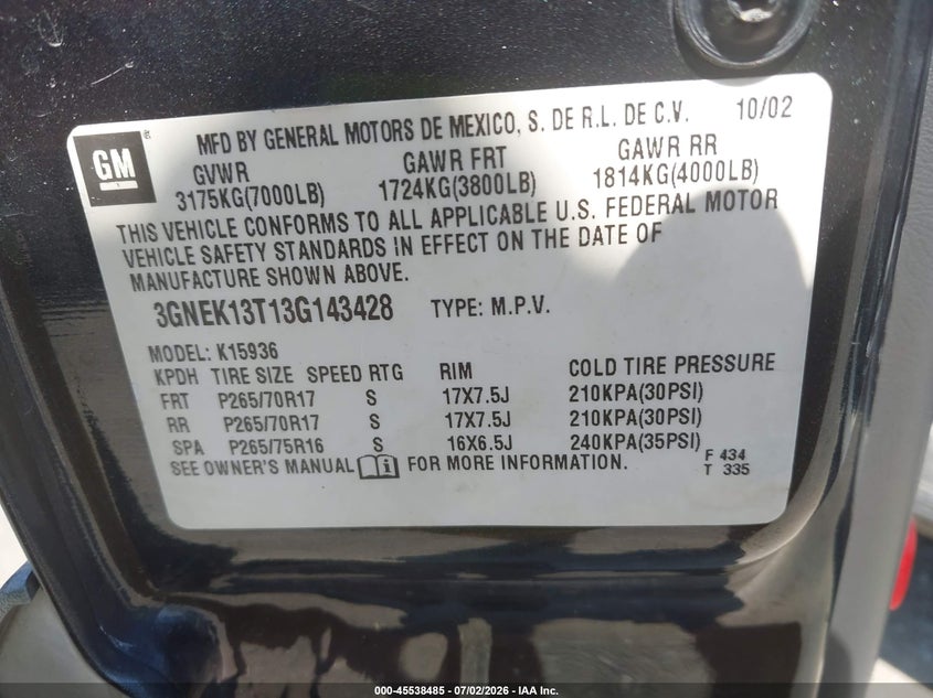 2003 Chevrolet Avalanche 1500 VIN: 3GNEK13T13G143428 Lot: 45538485