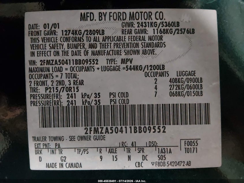2001 Ford Windstar Lx VIN: 2FMZA50411BB09552 Lot: 45538491