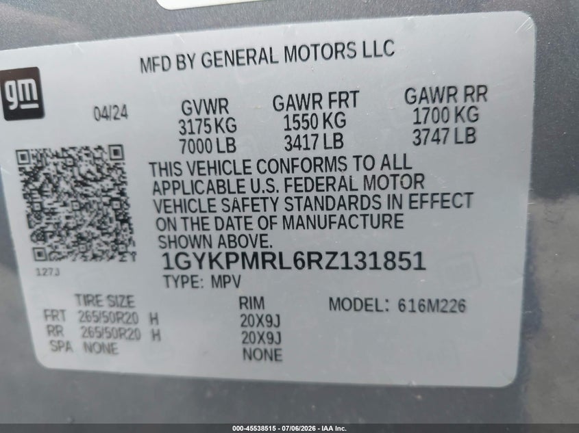 2024 Cadillac Lyriq Tech W/1Sa VIN: 1GYKPMRL6RZ131851 Lot: 45538515
