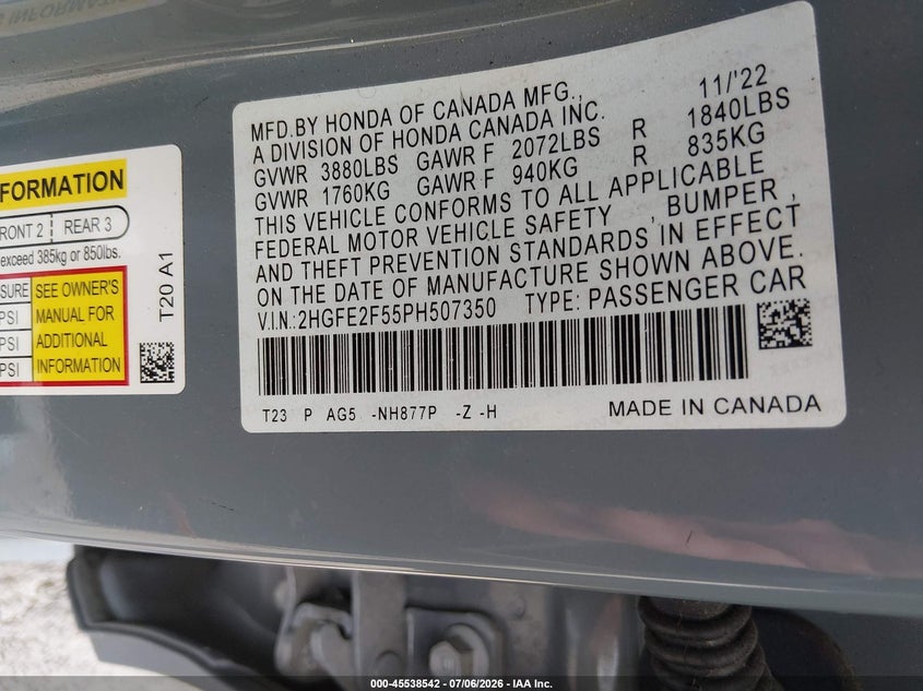 2023 HONDA CIVIC SEDAN 2.0L I-4 DI, DOHC, VVT, 158HP