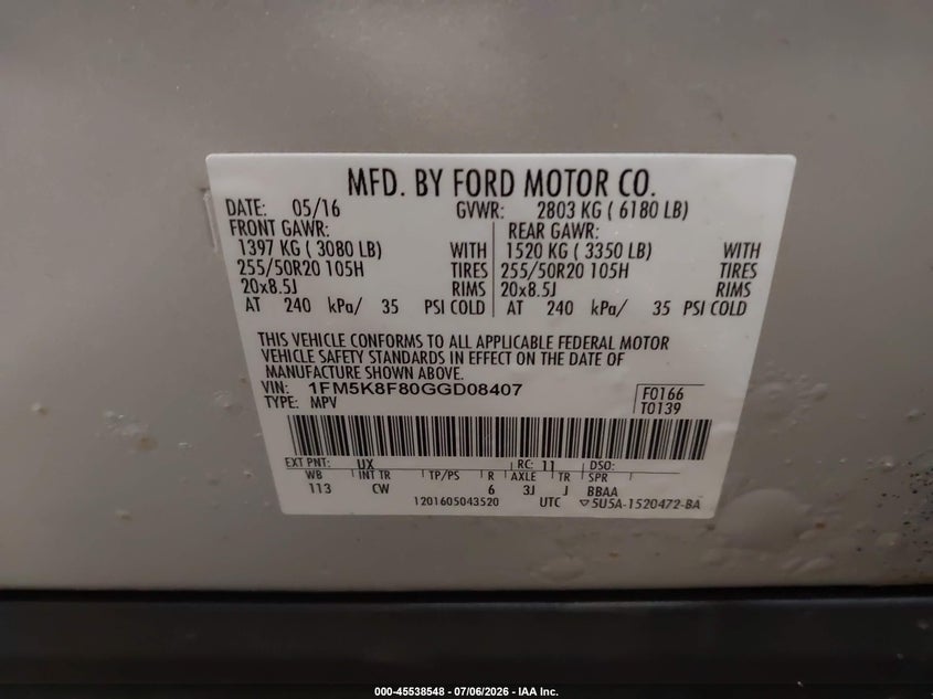 FORD EXPLORER 2016 VIN 1FM5K8F80GGD08407