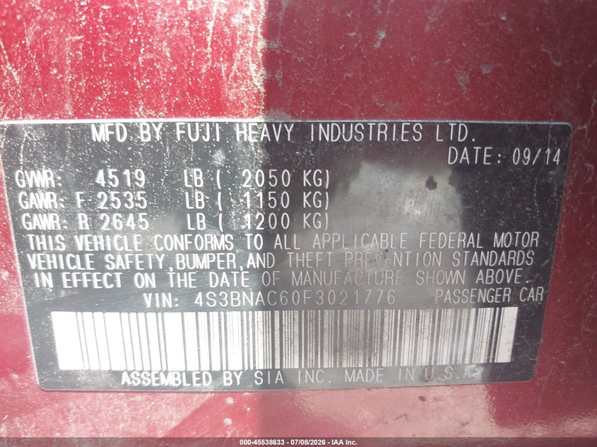 2015 Subaru Legacy 2.5I Premium VIN: 4S3BNAC60F3021776 Lot: 45538633