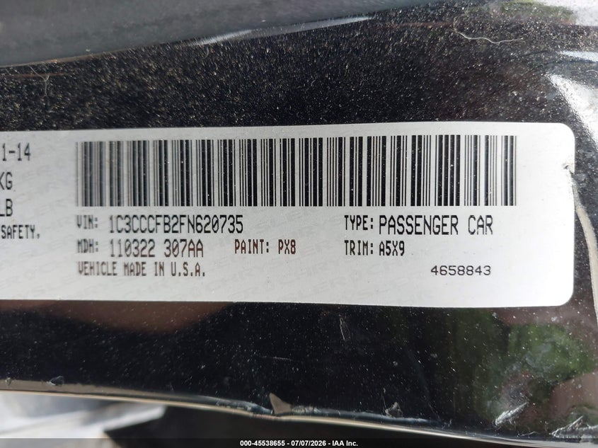 2015 Chrysler 200 Lx VIN: 1C3CCCFB2FN620735 Lot: 45538655
