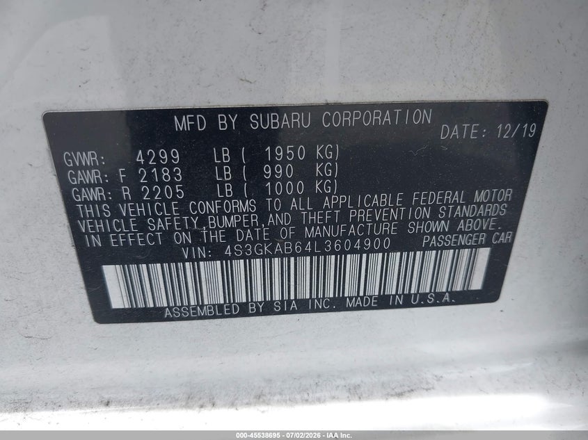 2020 Subaru Impreza Sedan VIN: 4S3GKAB64L3604900 Lot: 45538695