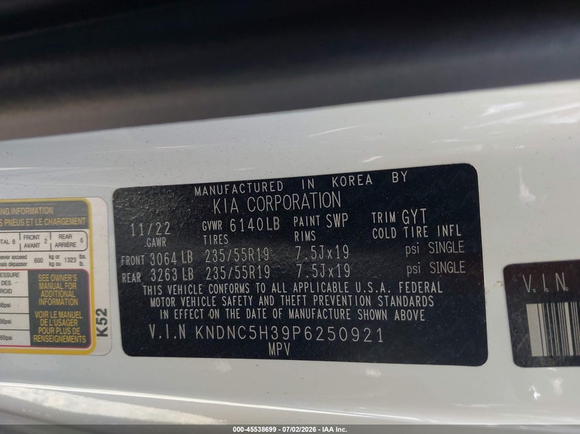 2023 Kia Carnival Mpv Ex VIN: KNDNC5H39P6250921 Lot: 45538699