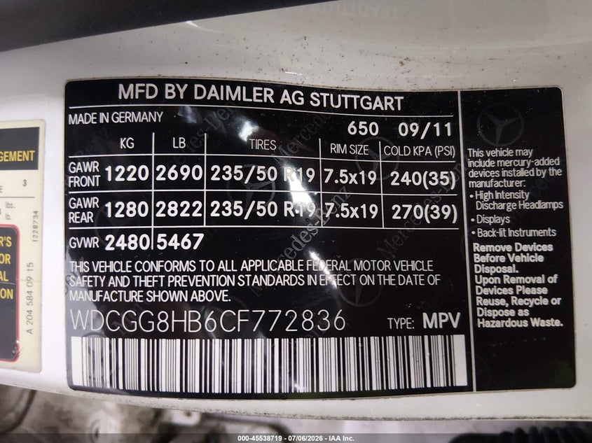 2012 Mercedes-Benz Glk 350 4Matic VIN: WDCGG8HB6CF772836 Lot: 45538719