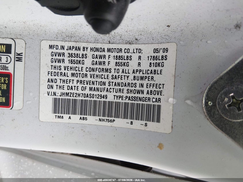 2010 Honda Insight Ex VIN: JHMZE2H70AS012949 Lot: 45538747