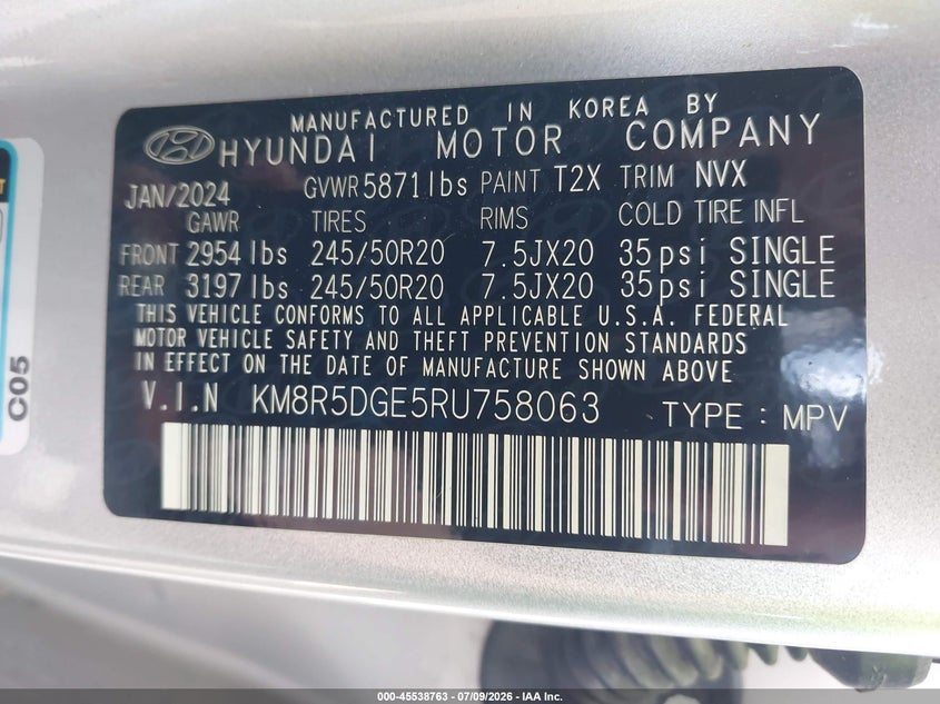 2024 Hyundai Palisade Limited VIN: KM8R5DGE5RU758063 Lot: 45538763
