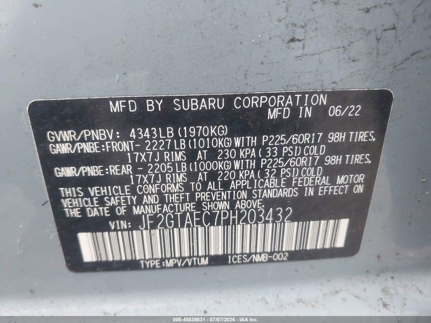 2023 SUBARU XV SPORT UTILITY VEHICLE 2.0L H-4 DI, DOHC, VVT, 152HP