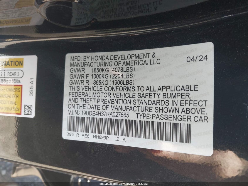 2024 Acura Integra A-Spec VIN: 19UDE4H37RA027665 Lot: 45538838