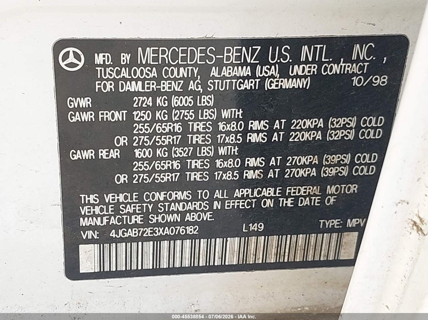 1999 Mercedes-Benz Ml 430 VIN: 4JGAB72E3XA076182 Lot: 45538854