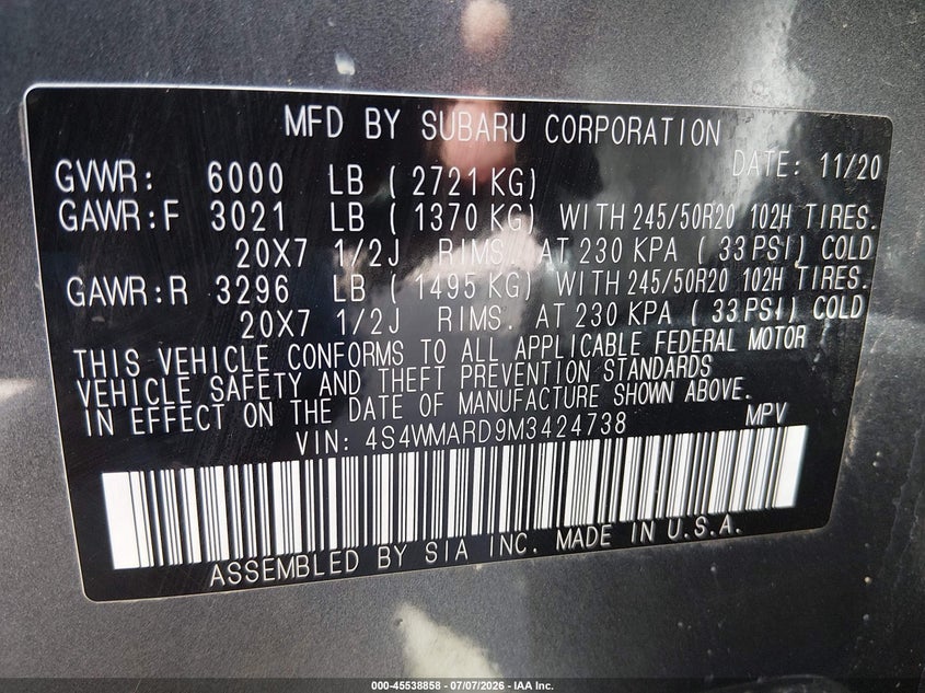 2021 Subaru Ascent Touring VIN: 4S4WMARD9M3424738 Lot: 45538858