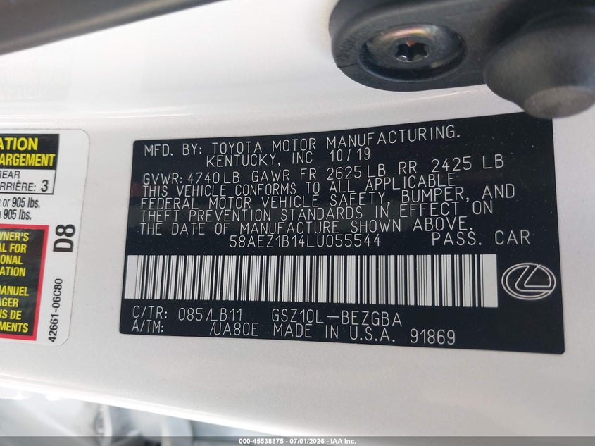 VIN: 58AEZ1B14LU055544 2020 LEXUS ES 350 LUXURY