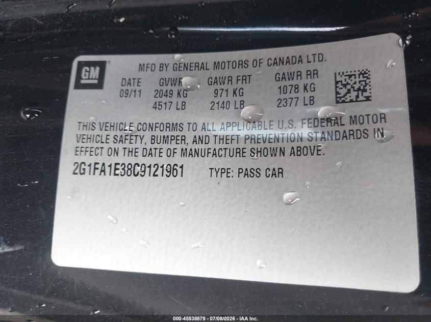 2012 Chevrolet Camaro 2Ls VIN: 2G1FA1E38C9121961 Lot: 45538879