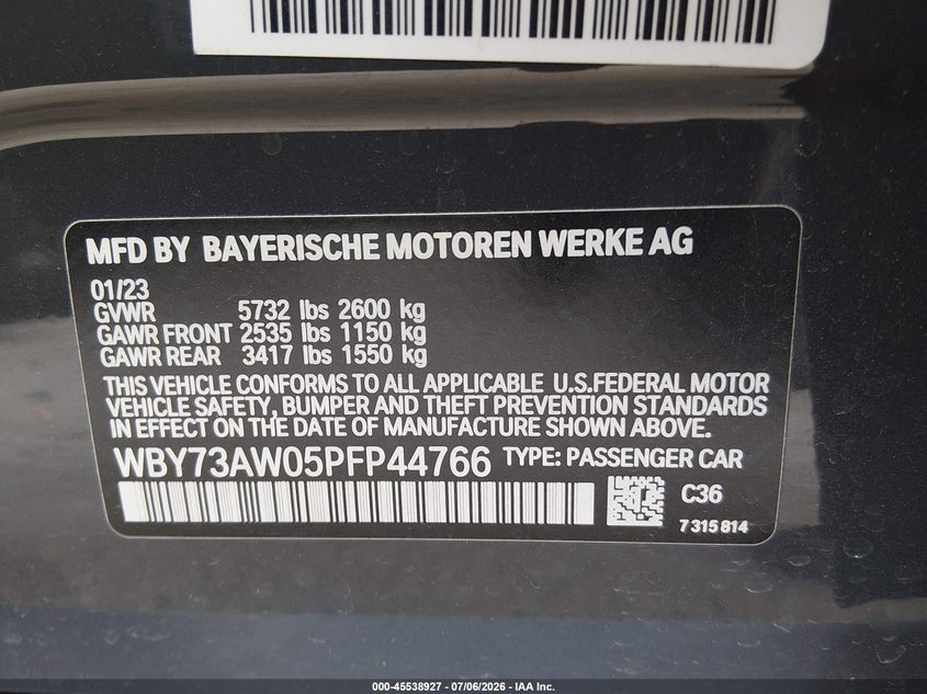 2023 BMW I4 Edrive40 VIN: WBY73AW05PFP44766 Lot: 45538927