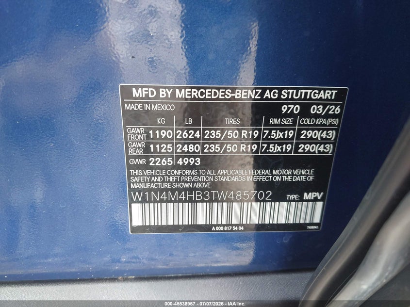 2026 Mercedes-Benz Glb 250 4Matic VIN: W1N4M4HB3TW485702 Lot: 45538967