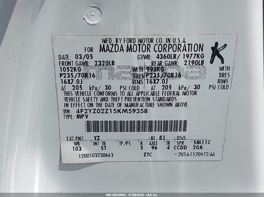 2005 Mazda Tribute I VIN: 4F2YZ02Z15KM59358 Lot: 45538982