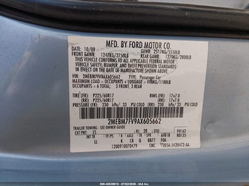 2010 Mercury Grand Marquis Ls (Fleet Only) VIN: 2MEBM7FV9AX605662 Lot: 45539010