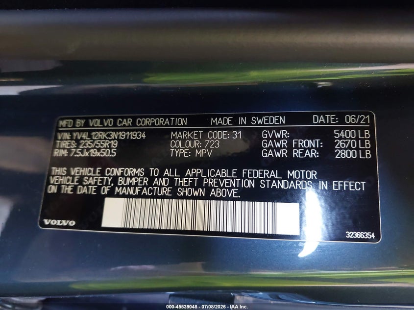 2022 Volvo Xc60 B5 Momentum VIN: YV4L12RK3N1911934 Lot: 45539048