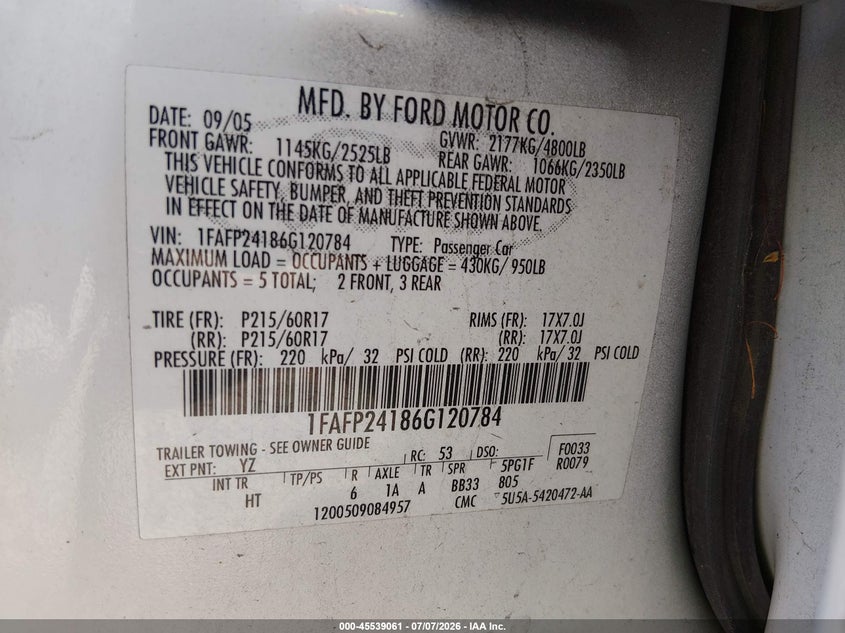2006 Ford Five Hundred Sel VIN: 1FAFP24186G120784 Lot: 45539061