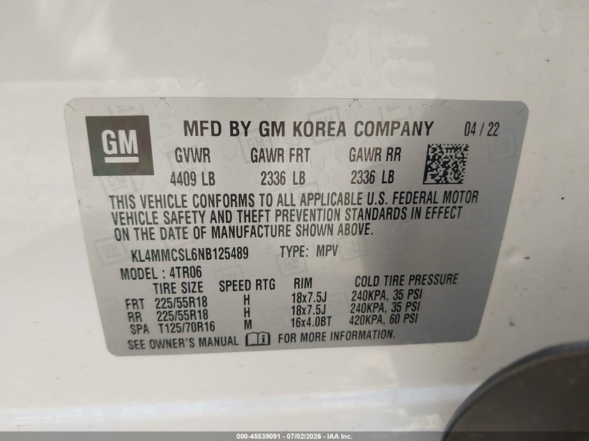 2022 Buick Encore Gx Awd Preferred VIN: KL4MMCSL6NB125489 Lot: 45539091