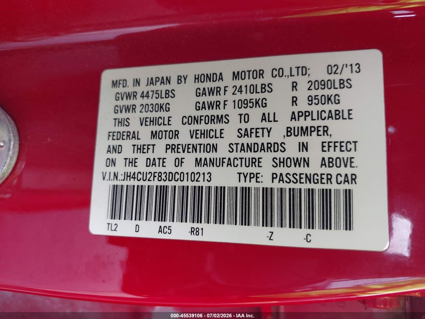 2013 Acura Tsx 2.4 VIN: JH4CU2F83DC010213 Lot: 45539106
