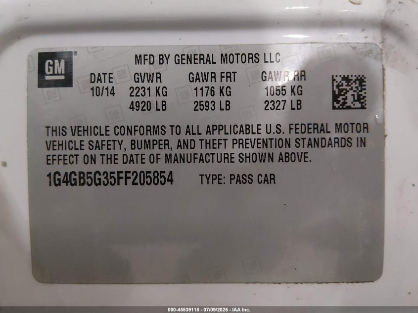 2015 Buick Lacrosse Leather VIN: 1G4GB5G35FF205854 Lot: 45539118