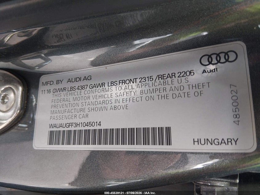 2017 Audi A3 2.0T Premium VIN: WAUAUGFF3H1045014 Lot: 45539121
