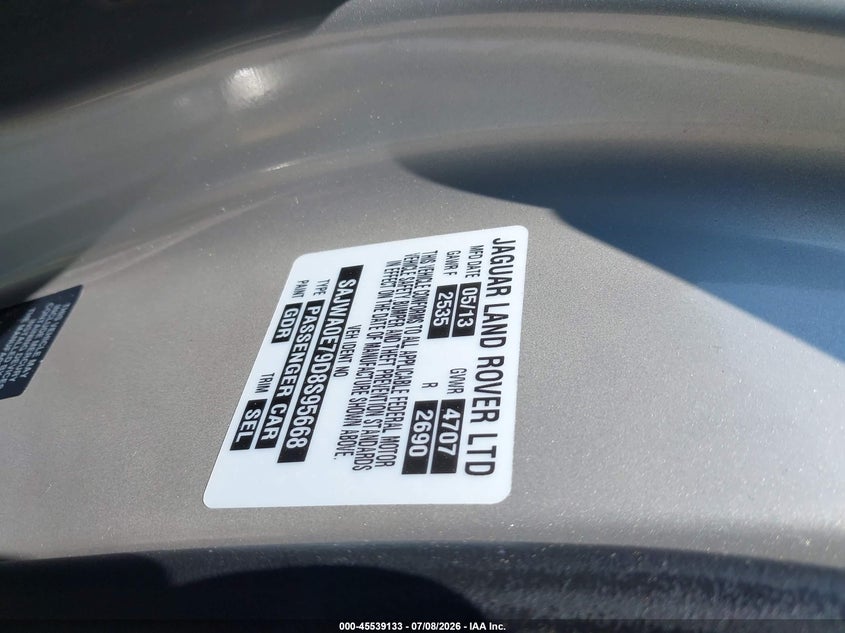 2013 Jaguar Xf V6 Sc VIN: SAJWA0E79D8S95668 Lot: 45539133