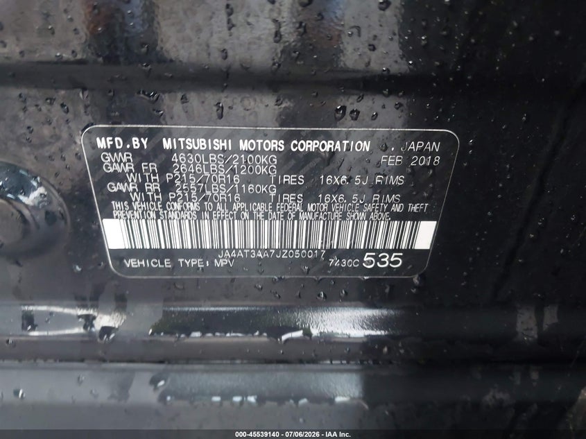 2018 Mitsubishi Eclipse Cross Es VIN: JA4AT3AA7JZ050017 Lot: 45539140