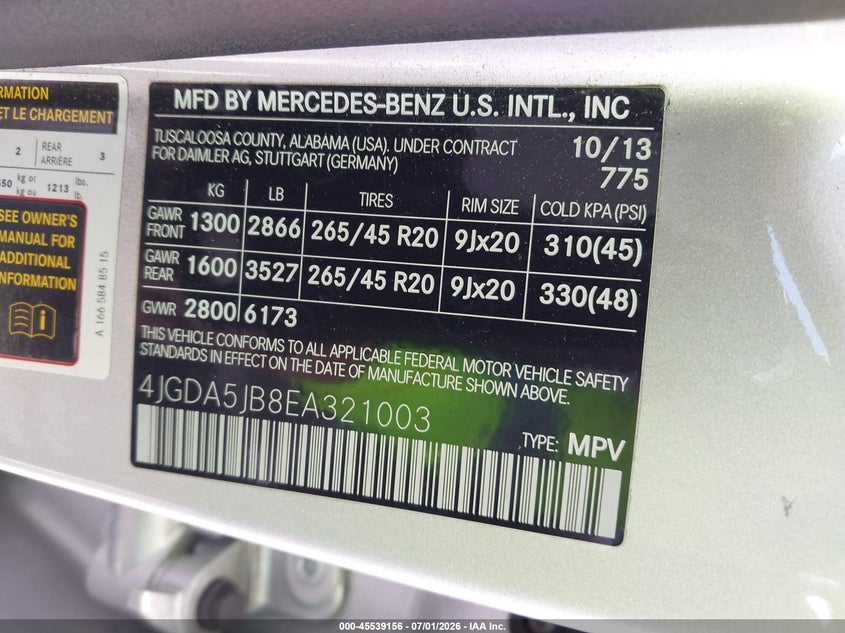 2014 Mercedes-Benz Ml 350 VIN: 4JGDA5JB8EA321003 Lot: 45539156