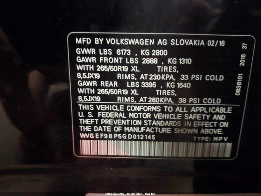 2016 Volkswagen Touareg Vr6 Lux VIN: WVGEF9BP5GD012145 Lot: 45539202