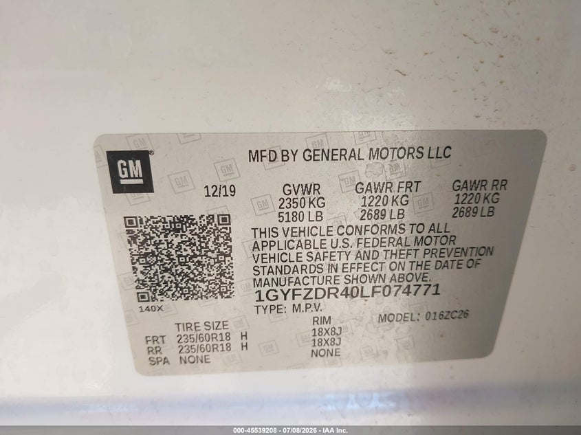 2020 Cadillac Xt4 Awd Premium Luxury VIN: 1GYFZDR40LF074771 Lot: 45539208