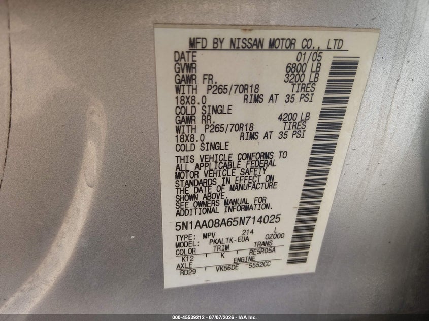 2005 Nissan Armada Se VIN: 5N1AA08A65N714025 Lot: 45539212
