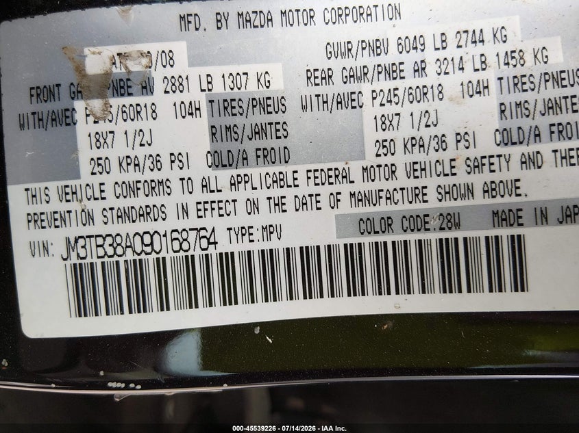 2009 Mazda Cx-9 Touring VIN: JM3TB38A090168764 Lot: 45539226