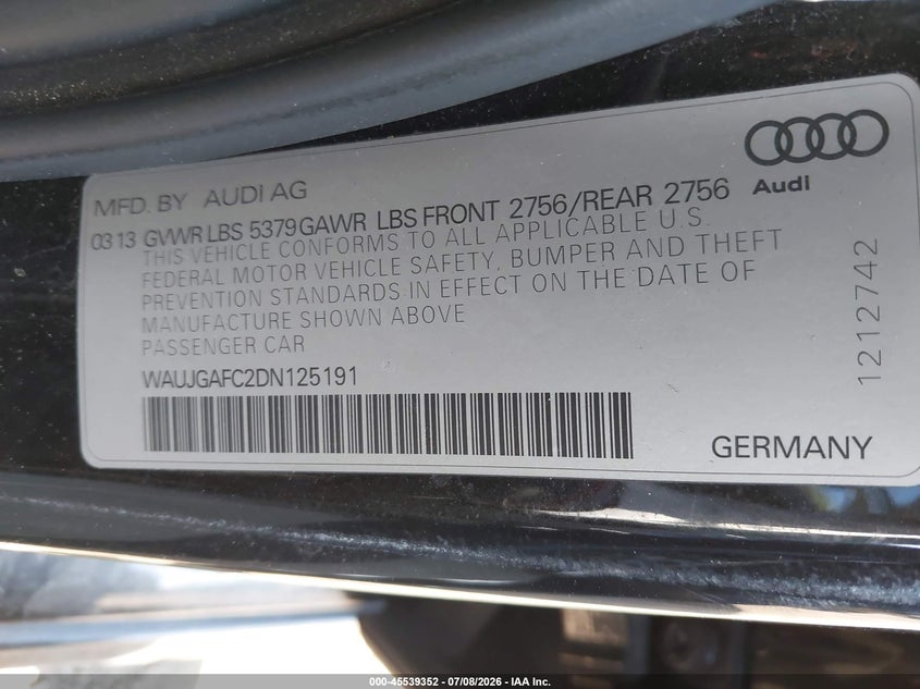 2013 Audi A6 3.0T Premium VIN: WAUJGAFC2DN125191 Lot: 45539352
