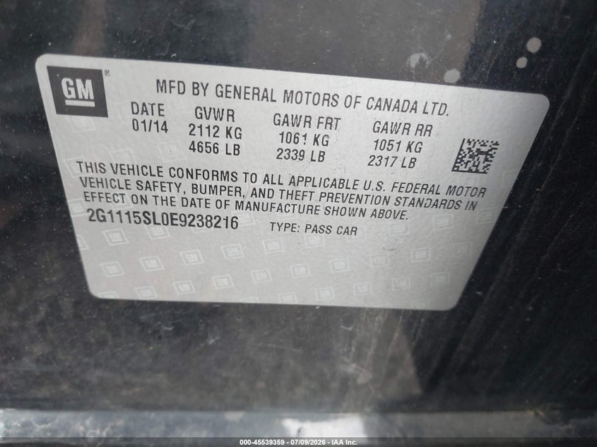2014 Chevrolet Impala 1Lt VIN: 2G1115SL0E9238216 Lot: 45539359