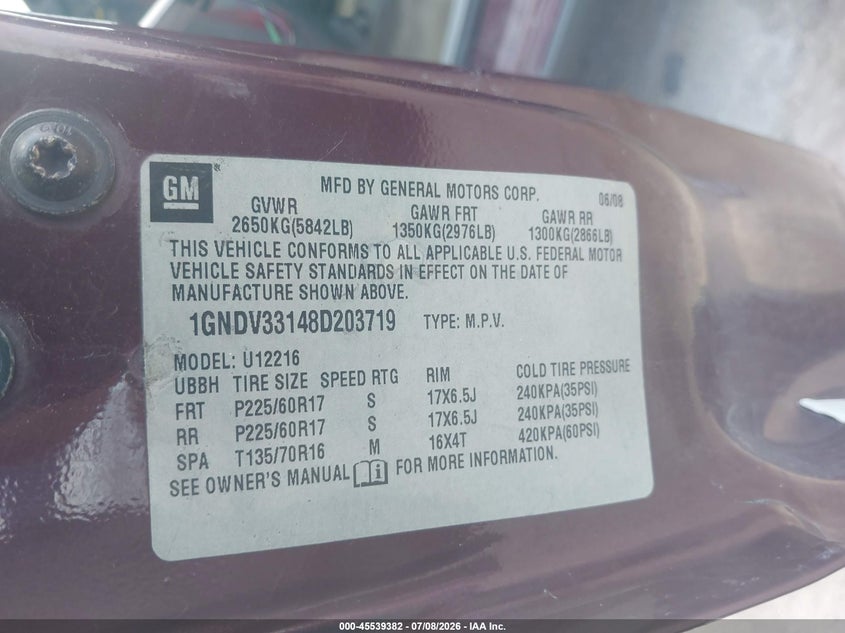 2008 Chevrolet Uplander Lt W/1Lt VIN: 1GNDV33148D203719 Lot: 45539382