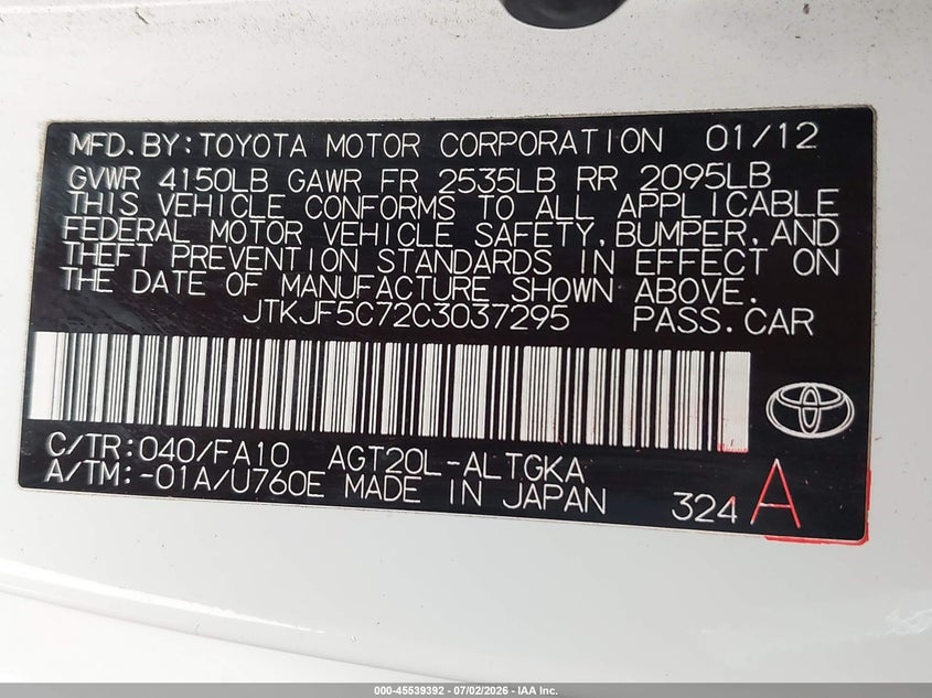 2012 Scion Tc VIN: JTKJF5C72C3037295 Lot: 45539392