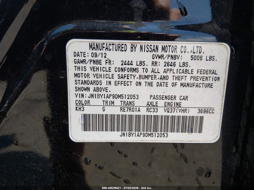 2013 Infiniti M37 VIN: JN1BY1AP9DM512053 Lot: 45539421