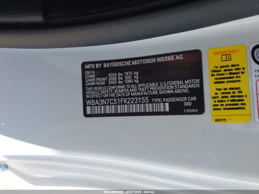 2015 BMW 428I VIN: WBA3N7C51FK223155 Lot: 45539469
