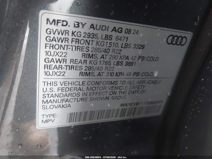 2025 Audi Q8 Premium Plus 55 Tfsi Quattro VIN: WA1EVBF11SD003465 Lot: 45539503